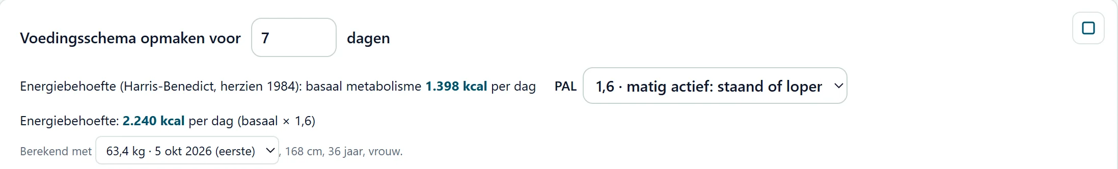De energiebehoefte in het voedingsschema van NutriIQ: Harris-Benedict met de activiteit (PAL) en de weging