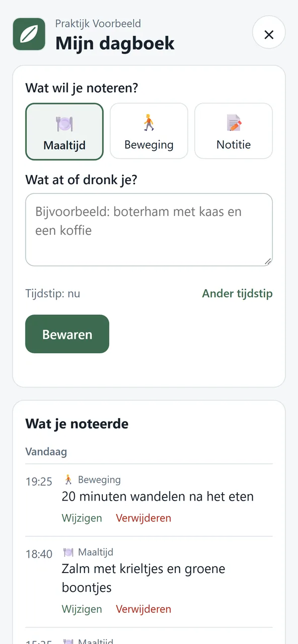 Het dagboek van Lotte Voorbeeld op haar gsm, in de kleur van haar praktijk